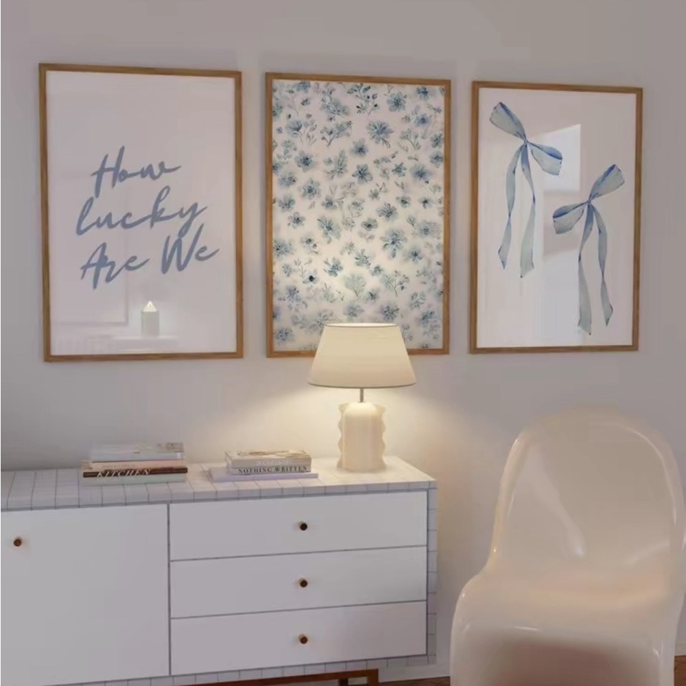 COPY - How Lucky Are We Print, Blue Floral Bow, Wall Art Set of 3